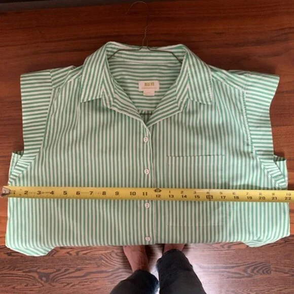 Anthropologie Maeve Buttondown Shirt Striped Clarise Cap Sleeve Green Top Size M - Picture 4 of 6